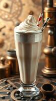 Tasty milkshake topped with whipped cream and decorative straws in a vintage setting photo