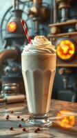 Delicious creamy milkshake served in a tall glass with a striped straw next to vintage machinery and warm ambient lighting photo