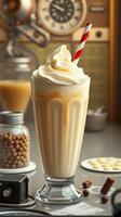 Creamy milkshake topped with whipped cream and straw in a vintage cafe setting during afternoon photo