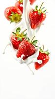 Fresh strawberries splashing into creamy milk against a bright white background photo