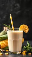 Refreshing corn drink garnished with lemon and mint on a dark background photo