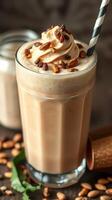 Delicious coffee beverage topped with whipped cream and nuts in a glass at a cozy cafe photo