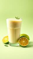 Fresh lime smoothie served in a glass with sliced limes and mint on a light green background creating a refreshing vibe photo