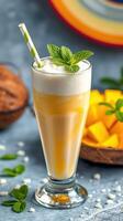 Refreshing mango smoothie topped with whipped cream and mint served with fresh mango pieces photo