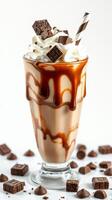 Delicious chocolate milkshake topped with whipped cream, chocolate chunks, and a striped straw in a glass photo