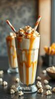 Creamy caramel milkshake topped with popcorn and caramel drizzle served in a tall glass photo