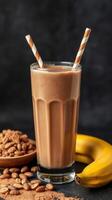 Delicious chocolate banana smoothie with straws and garnished toppings at a cozy cafe in the afternoon photo
