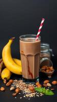 Delicious banana smoothie with chocolate syrup served in a glass with a straw alongside fresh bananas and nuts photo