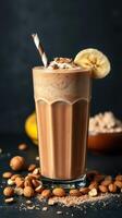 Creamy banana smoothie topped with whipped cream, nuts, and a straw ready to enjoy photo