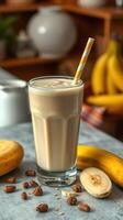 Delicious banana smoothie with coffee and chocolate in a cozy kitchen setting photo