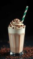 Creamy chocolate milkshake topped with whipped cream and chocolate shavings in a tall glass photo