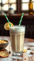 Creamy beverage with lemon garnish and striped straws on a wooden table in a cozy setting photo