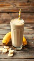 Creamy banana smoothie served in a tall glass with yellow straw beside ripe bananas and sliced fruit on wooden table photo