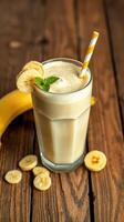 Creamy banana smoothie in a glass with fresh fruit and a straw on a wooden table photo
