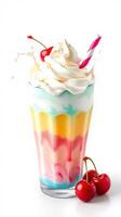 Colorful layered milkshake topped with whipped cream and cherries served in a clear glass photo