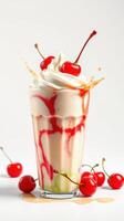 Delightful cherry topped milkshake with vibrant toppings presented on a clean background photo