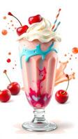 Vibrant cherry milkshake with colorful toppings served in a tall glass photo