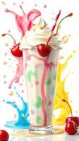 Colorful milkshake topped with whipped cream and cherries splashed against a bright background photo