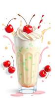 Colorful milkshake topped with cherries in a tall glass with a playful splash effect photo