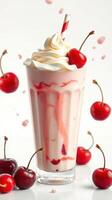 Delicious cherry milkshake topped with whipped cream and surrounded by fresh cherries photo