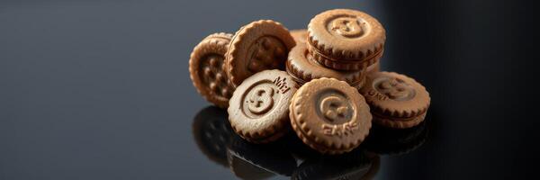 Delicious chocolate cookies stacked on black background for a tempting treat display photo