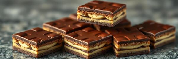 Delicious caramel-filled chocolate squares stacked on a marble countertop in a cozy kitchen setting photo