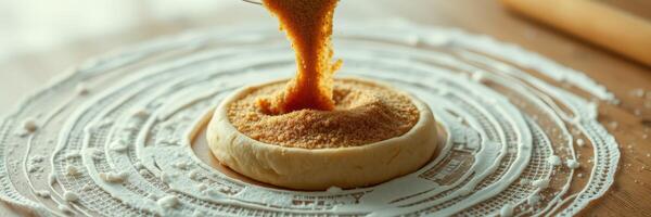 Sweet filling being poured into a round dessert base on a wooden kitchen countertop photo