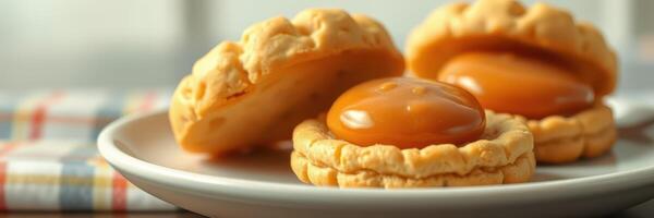 Delicious cookies with caramel filling served on a plate in a cozy kitchen setting photo