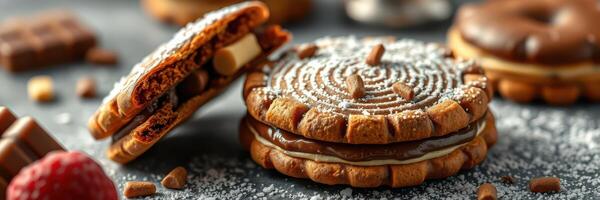 Delicious assortment of cookies with chocolate and raspberry on a textured surface during a cozy afternoon photo