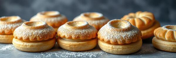 Delicious assorted baked goods displayed on a surface with powdered sugar during an afternoon gathering photo