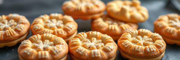 Baked pastries arranged on a dark surface, showcasing intricate designs and textures photo