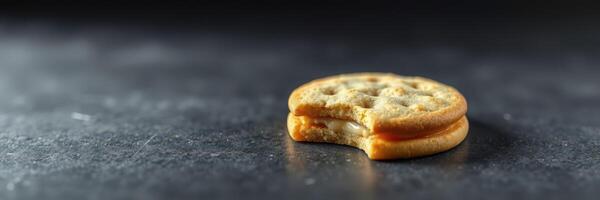 Delicious cookie with a bite taken out, resting on a dark surface in a cozy kitchen setting photo