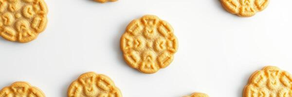 Delicious round cookies with intricate designs arranged on a white surface at a casual baking session photo