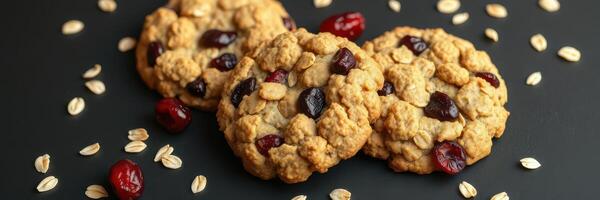 Oatmeal cookies with raisins and cranberries displayed on a dark surface with scattered oats photo