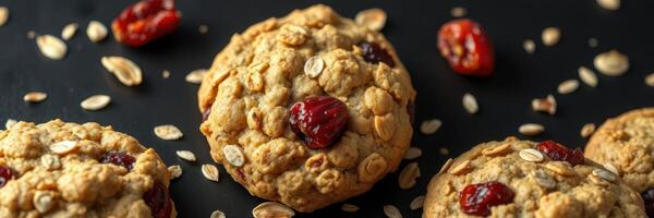 Delicious homemade oatmeal cookies with dried cranberries on a dark surface photo