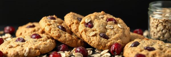 Freshly baked cranberry oatmeal cookies arranged with oats and nuts on a dark background photo