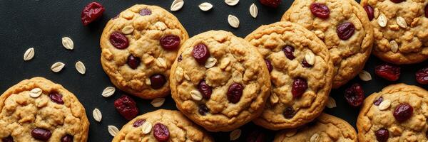 Freshly baked oatmeal cookies with cranberries and oats arranged on a dark surface photo