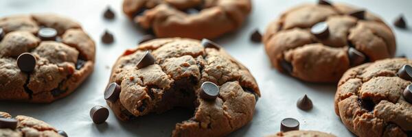 Soft and chewy chocolate chip cookies arranged on baking parchment with scattered chocolate chips photo