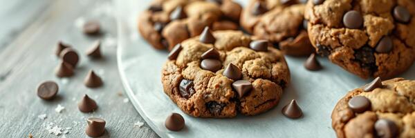 Delicious chocolate chip cookies arranged on a wooden surface with chocolate chips scattered around photo