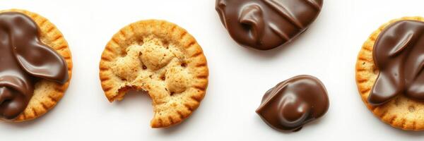 Delicious chocolate-coated cookies arranged on a clean background ready for enjoyment photo