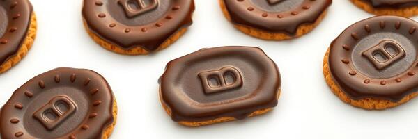 Delicious chocolate-covered cookies arranged neatly on a white surface, showcasing enticing designs and textures photo