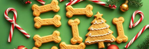 Festive holiday dog treats arranged with candy canes and ornaments over a green background photo