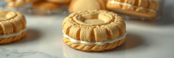 Delicious cream-filled cookies arranged on a marble surface ready for enjoyment and sharing during an afternoon gathering photo