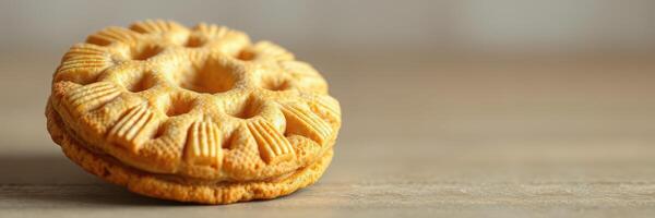 Deliciously baked cookie showcasing intricate design resting on a wooden table captured in soft light photo
