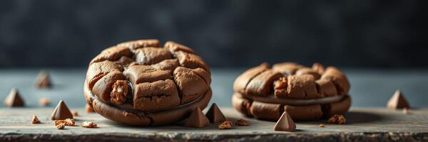 Homemade chocolate cookies with filling displayed on a rustic wooden board against a dark background photo