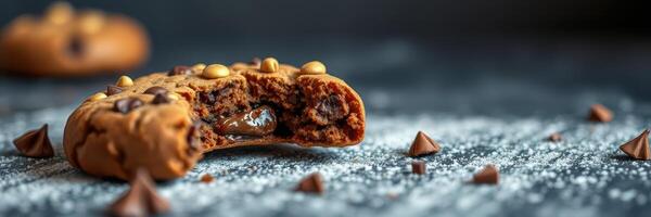 Delicious chocolate chip cookie with a bite taken out, surrounded by chocolate pieces and powdered sugar photo