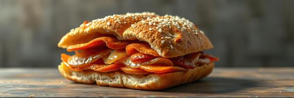 Delicious sandwich stacked with thinly sliced meats and toppings served on a sesame seed bun photo