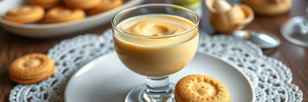 Delicate dessert served in a glass with cookies on a lace placemat photo