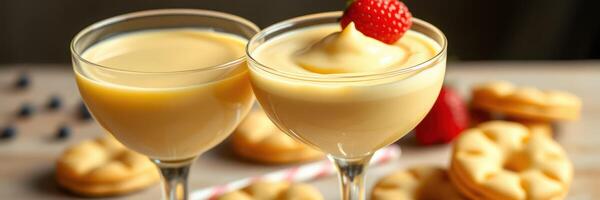 Creamy desserts served in elegant glasses with fresh strawberries and cookies on a wooden table photo