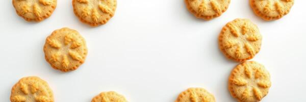 Delicious golden cookies arranged neatly on a white surface, showcasing their intricate patterns and inviting appearance photo